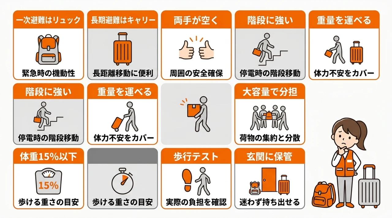 防災グッズはリュックとキャリーどっち？メリット