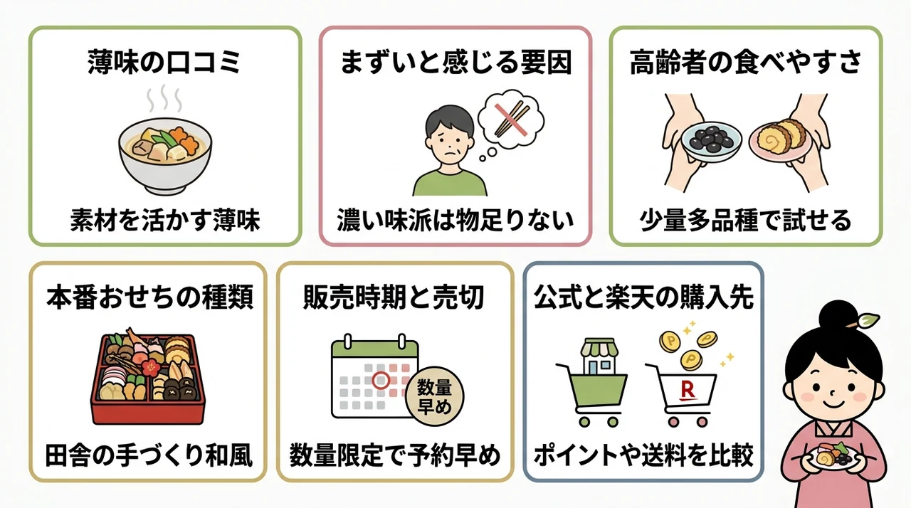 ちこり村おせちお試しの口コミと予約時期の要点をまとめた図解（薄味の口コミ・まずいと感じる要因・高齢者の食べやすさ）